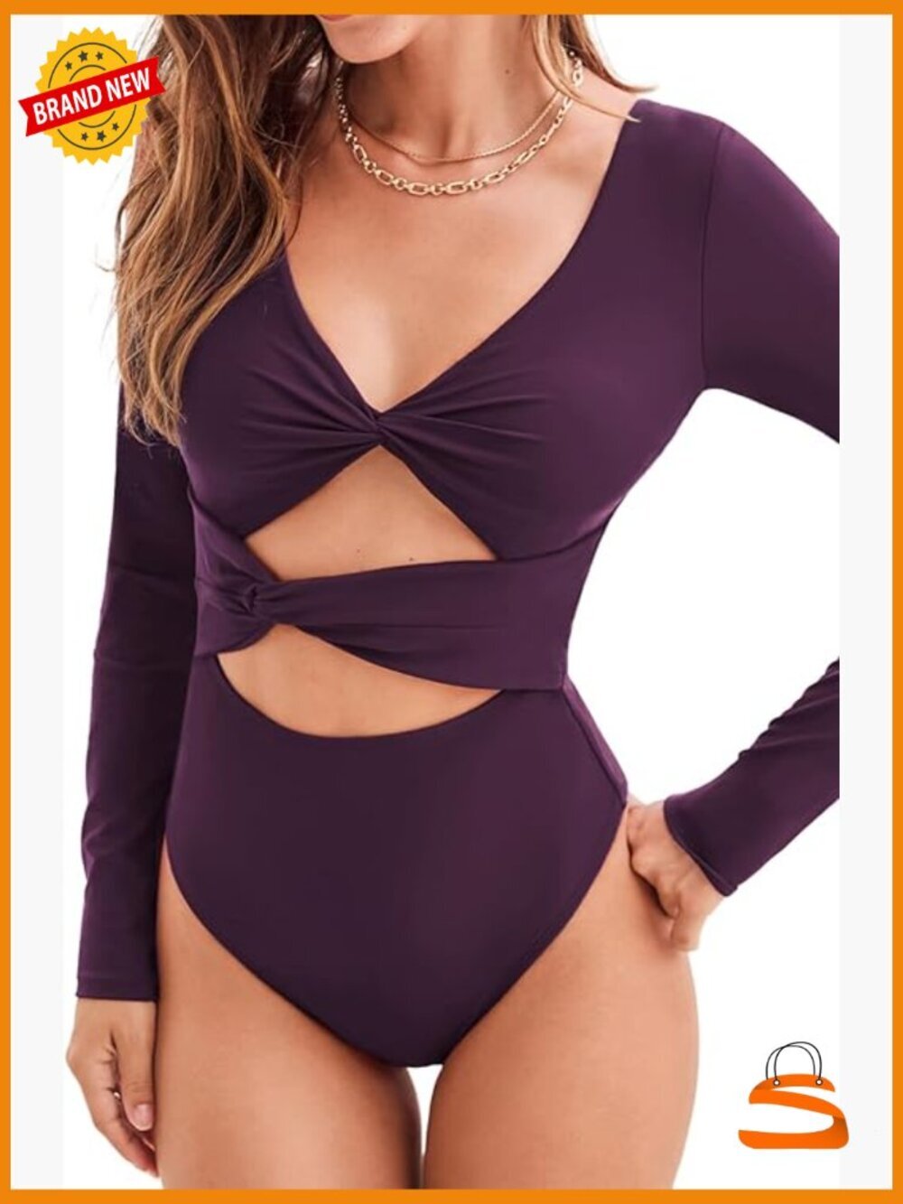 Long Sleeve Rash Guard One Piece Swimsuit Twist Cutout Deep V Neck Bathing Suit